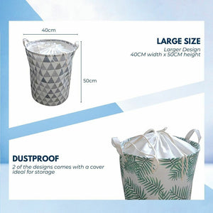 Collapsible Laundry Basket Round Foldable with Cover Green Leaves