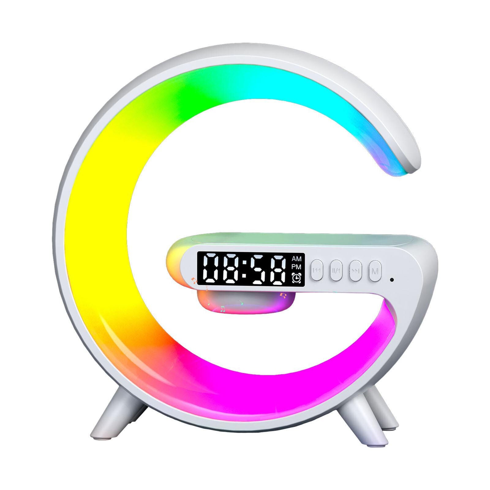 WHITE Smart Night Light Bluetooth Speaker Wireless Charger RGB Alarm Clock LED Lamp