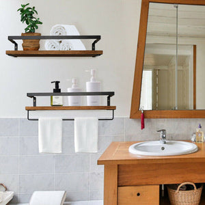 2 Set Rustic Floating Wall Shelves Bathroom Utility Decorative Rack with Towel Rod