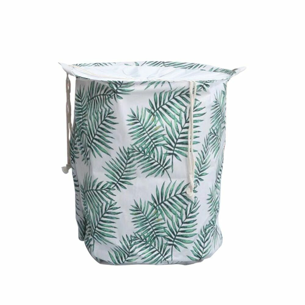 Collapsible Laundry Basket Round Foldable with Cover Green Leaves