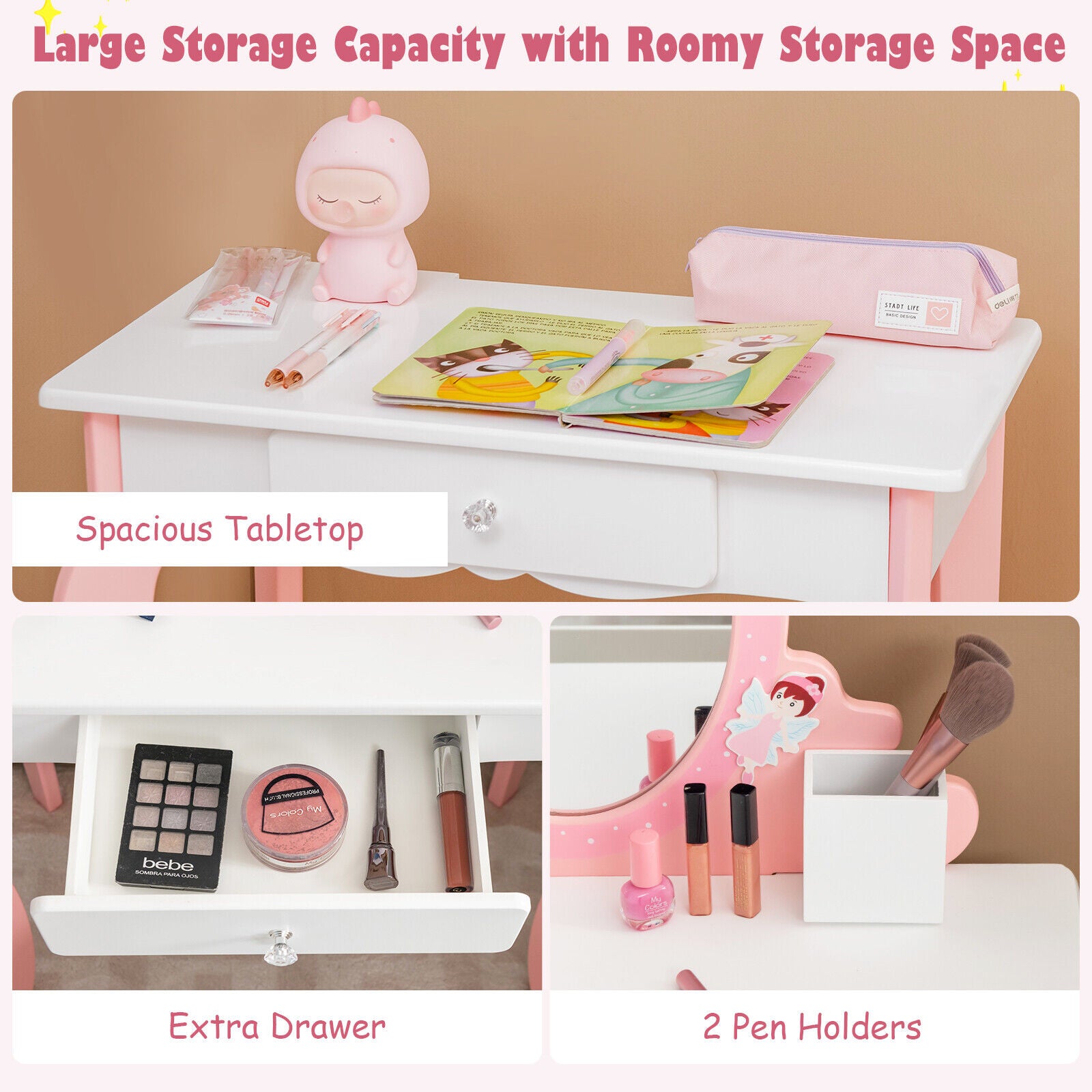 Kid Vanity Dressing Table Stool Set Wooden Pricess Makeup Set w/ Mirror Pink