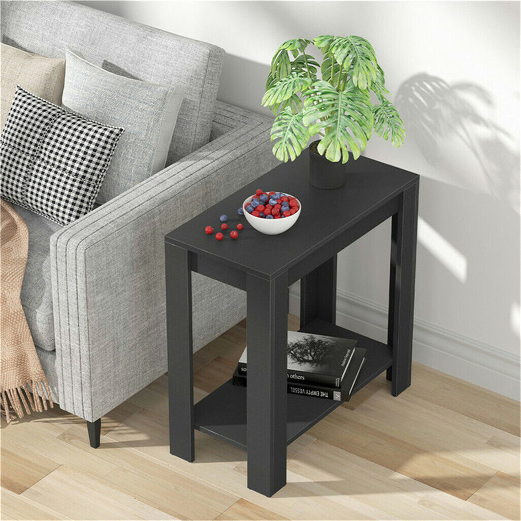 Retro Chairside End Table Slim Sofa Side Table Bedside Nightstand w/ Open Shelf