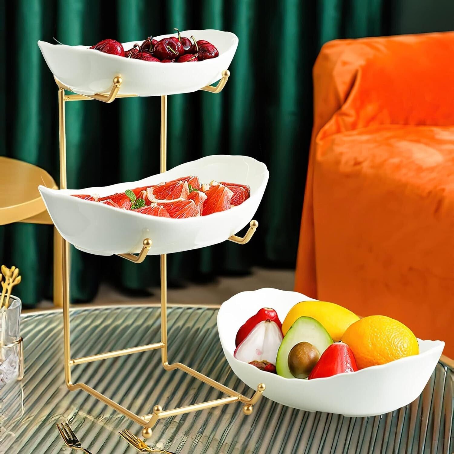 Fruit Bowl for Kitchen Counter - 3 Tier Ceramic Serving Bowls with Metal