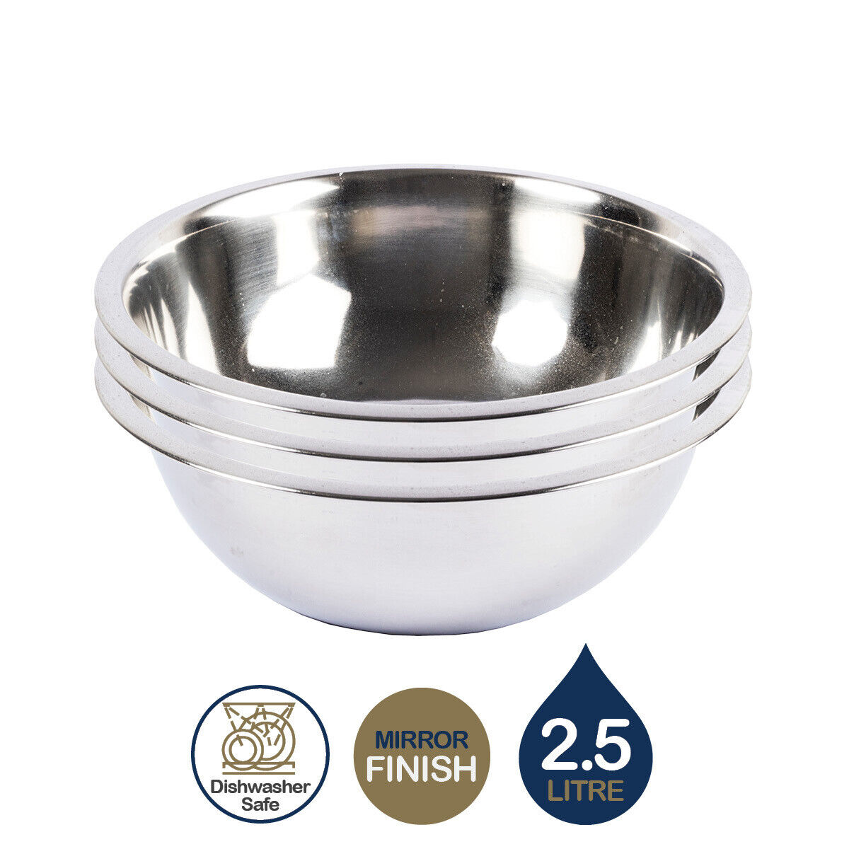Home Master3PCE Mixing Bowl Stainless Steel Dishwasher Safe Lightweight 26cm