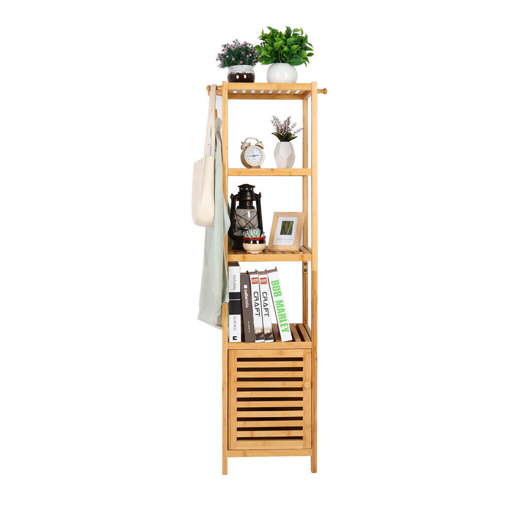 Large Wooden Bathroom Storage Cabinet Slim Cupboard Organizer w 4 Shelf & 3 Hook