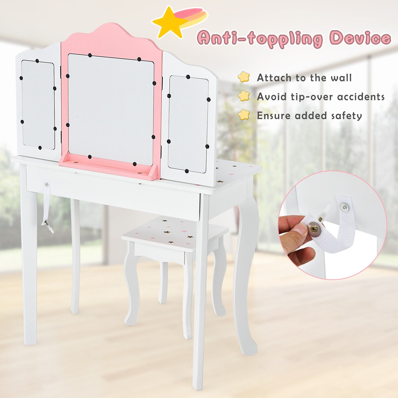 Dressing Table Stool Set with Mirror Makeup Kids Vanity Tri-folding White