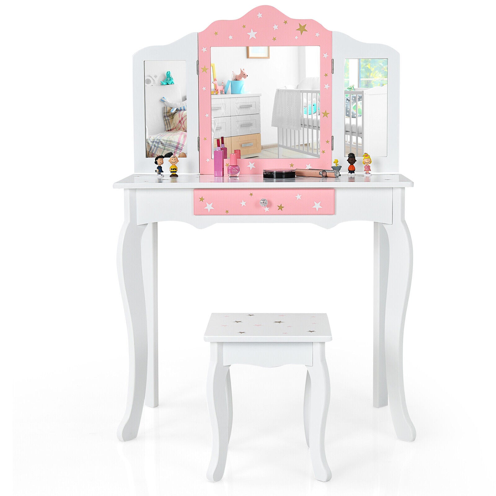 Dressing Table Stool Set with Mirror Makeup Kids Vanity Tri-folding White