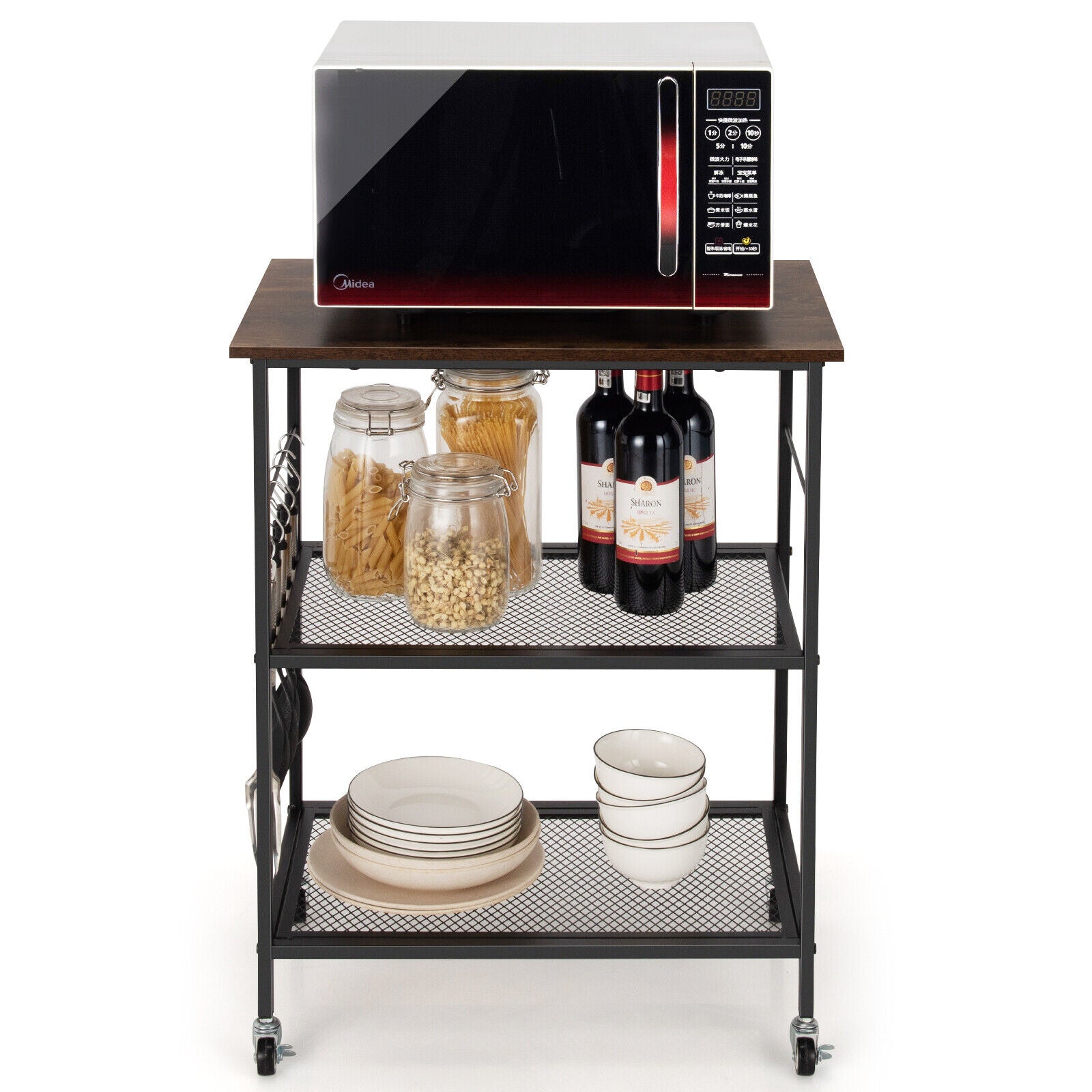 3-Tier Kitchen Serving Cart Utility  Standing Microwave Rack with Hooks Rustic