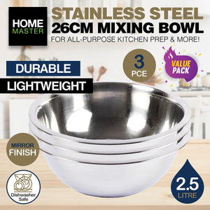 Home Master3PCE Mixing Bowl Stainless Steel Dishwasher Safe Lightweight 26cm