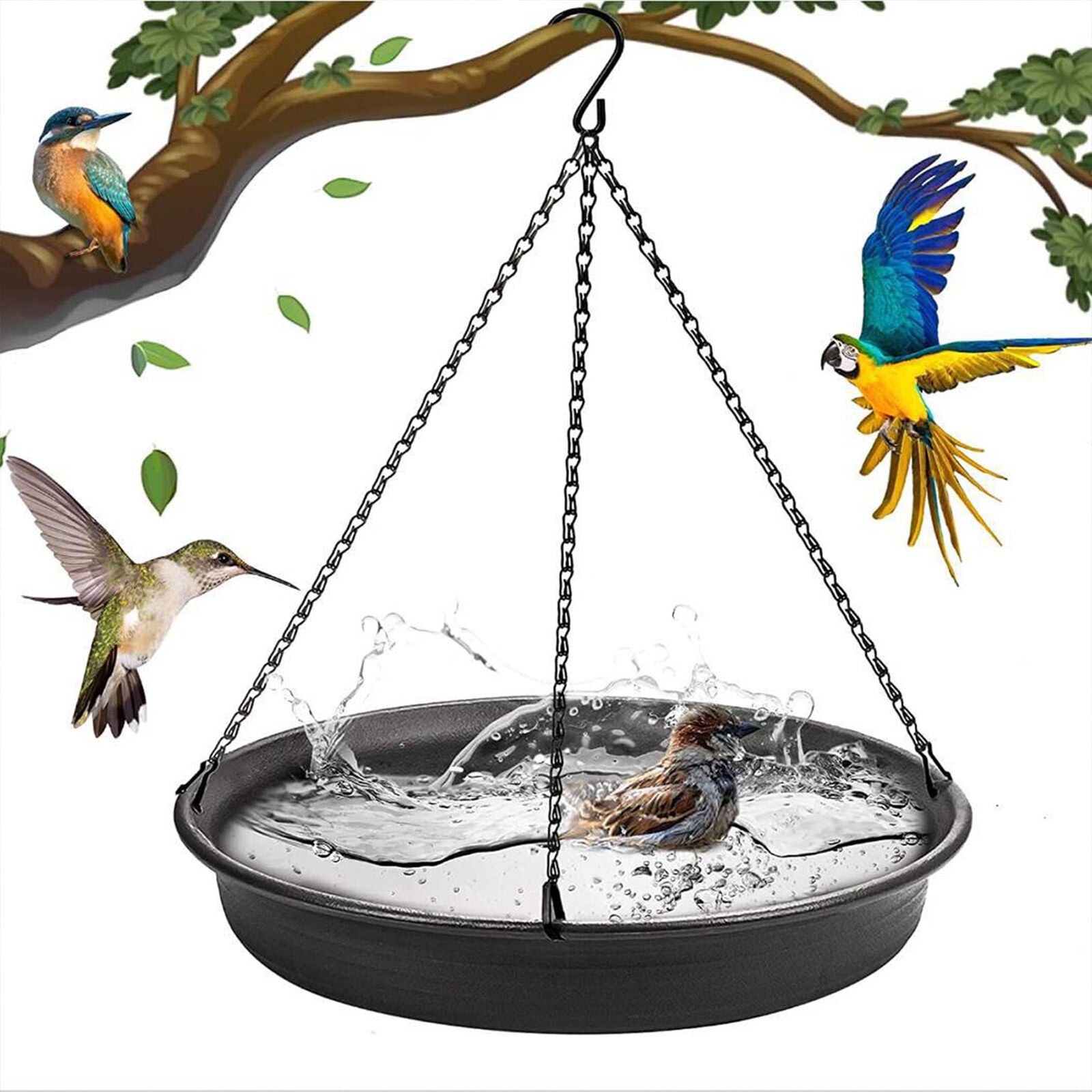 Black Large Hanging Bird Bath Tray Outdoor Wild Birds Feeder Garden Yard Waterproof