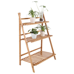 3 Tiers Bamboo Ladder Plant Stand 3-Tier Foldable Flower Pot Display Shelf Rack