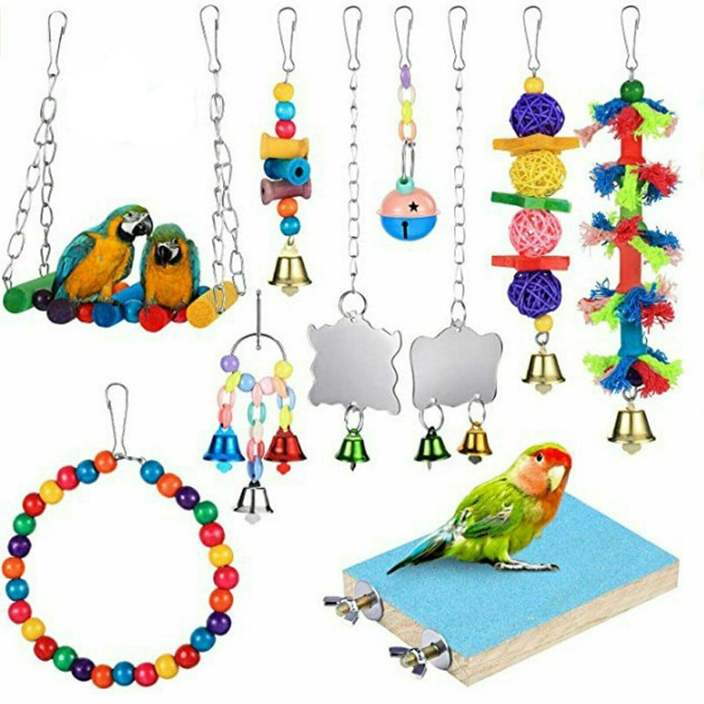 10 Bird Toys Parrot Swing Toys Chewing Hanging Bell Cockatiel Cage Toy Set