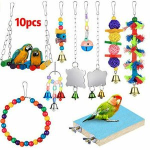 10 Bird Toys Parrot Swing Toys Chewing Hanging Bell Cockatiel Cage Toy Set