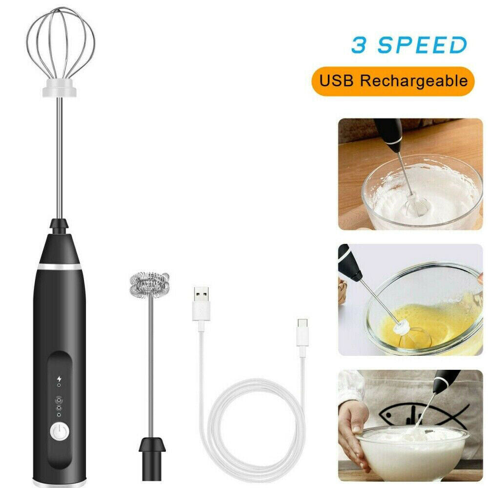 Black USB Rechargeable Electric Egg Beater Milk Coffee Frother Drink Foamer Mixer Tool