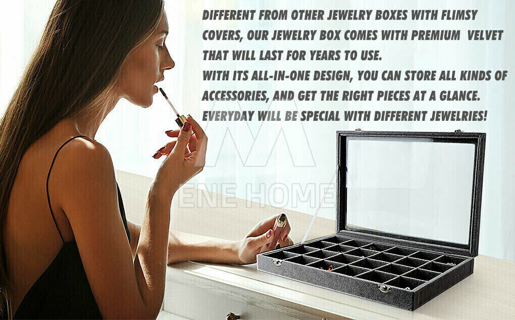 Black Organizer Case Box Holder Storage Jewelry Earring  Ring Velvet Display