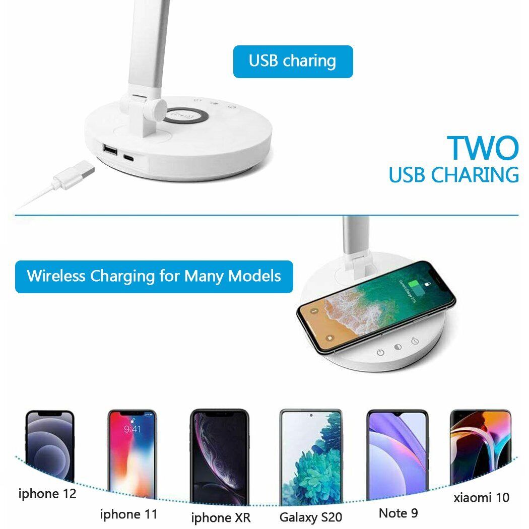 LED Desk Table Lamp Eye-Care Reading Dimmable Light with Wireless Phone Charger