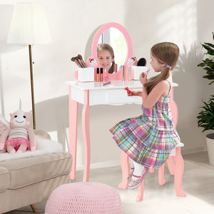 Kid Vanity Dressing Table Stool Set Wooden Pricess Makeup Set w/ Mirror Pink