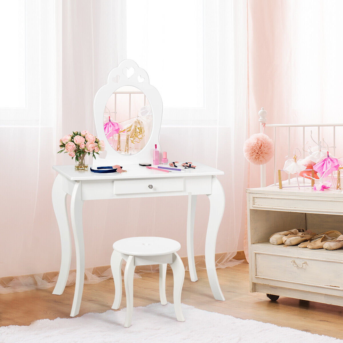Dressing Table Stool Set Makeup Kids Vanity Princess w/Mirror for Girls White