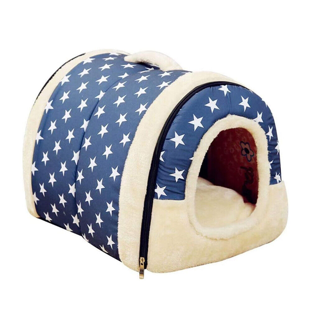 M size Blue Pet Dog House Kennel Soft Igloo Beds Cave Cat Puppy Bed Doggy Warm Cushion Fold