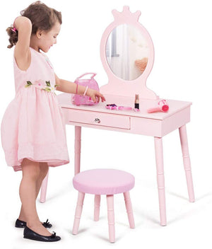 Kids Vanity Dressing Table Stool Set Children Princess Makeup Mirror Drawer