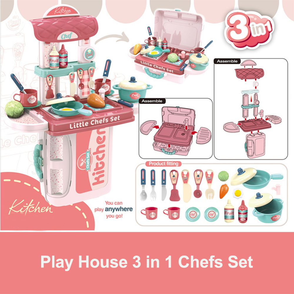3IN1 Pink Kitchen Set Early Age Educational Pretend Kids Toy Suitcase Gift Girl