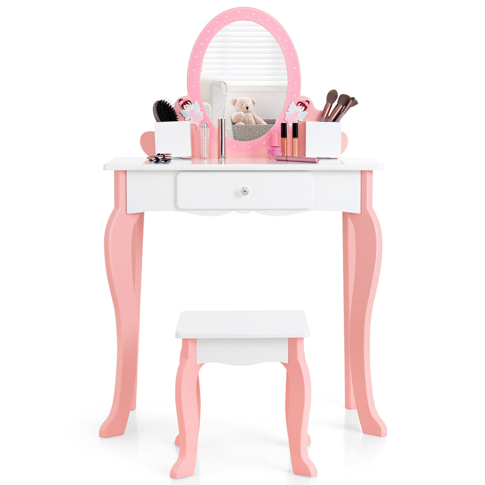 Kid Vanity Dressing Table Stool Set Wooden Pricess Makeup Set w/ Mirror Pink