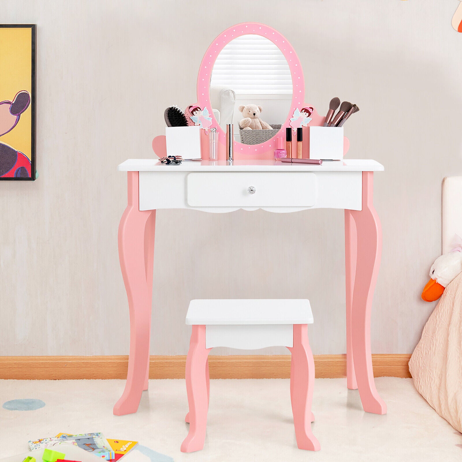 Kid Vanity Dressing Table Stool Set Wooden Pricess Makeup Set w/ Mirror Pink
