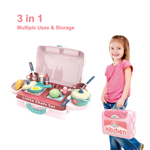 3IN1 Pink Kitchen Set Early Age Educational Pretend Kids Toy Suitcase Gift Girl