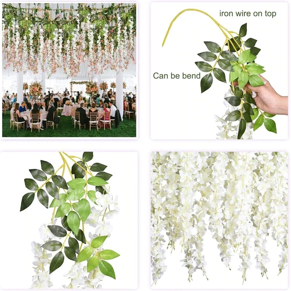 12x Artificial Silk Fake Flower Garland Vine Wisteria Leaf Hanging Wedding Decor White