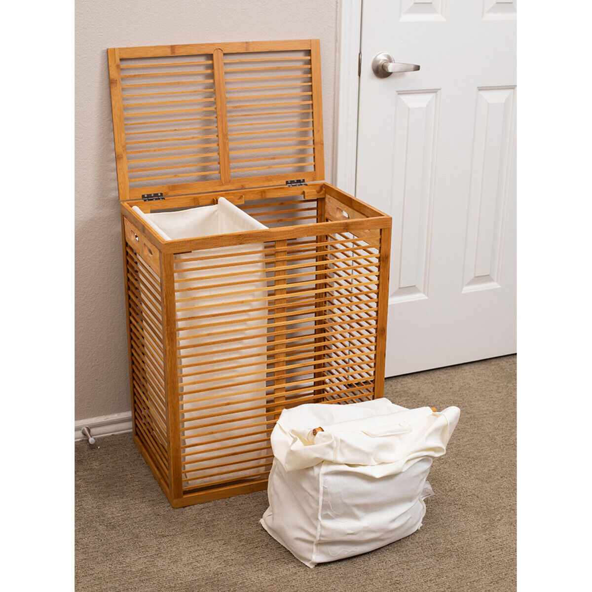Bamboo Laundry Hamper with Lid and Removable Two Liners Dirty Clothes Bin Basket