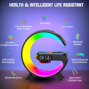 BLACK Smart Night Light Bluetooth Speaker Wireless Charger RGB Alarm Clock LED Lamp