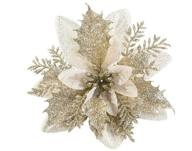 10pcs Gold Christmas Poinsettia Glitter Flower Tree Hanging Decoration Xmas Party
